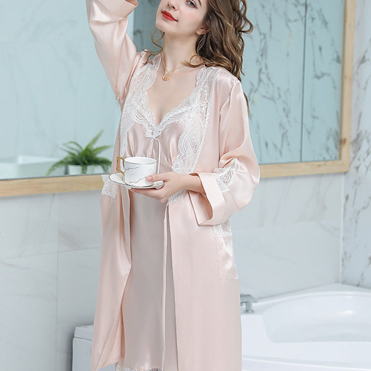 16Momme Pure Mulberry Silk Long Sleeves Elegant Lace Nightgown [SKGO0011]