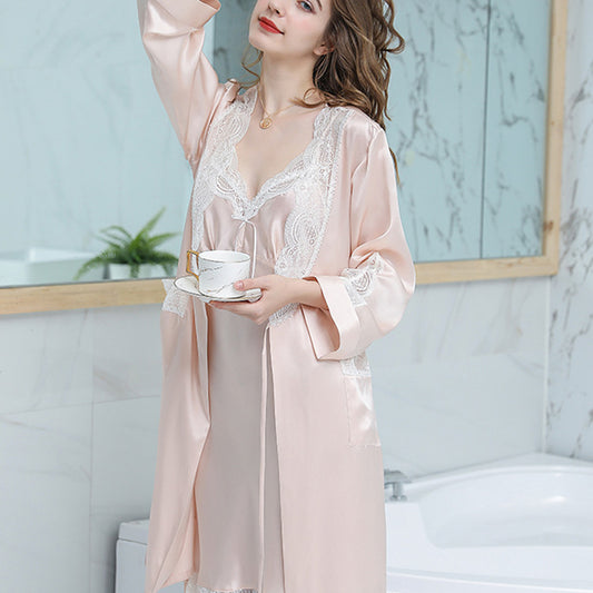 16Momme Pure Mulberry Silk Long Sleeves Elegant Lace Nightgown [SKGO0011]