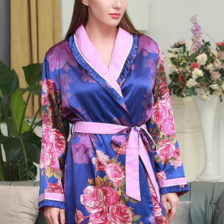 Pure Mulberry Silk Long Sleeves Elegant Printing Nightgown [SKGO0007]