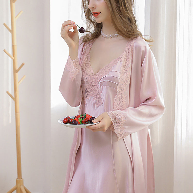 16Momme Pure Mulberry Silk Long Sleeves Elegant Lace Nightgown [SKGO0010]