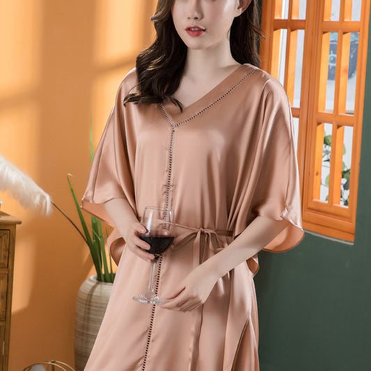 16Momme Pure Mulberry Silk Half Sleeves Elegant Belted Nightgown [SKGO0006]