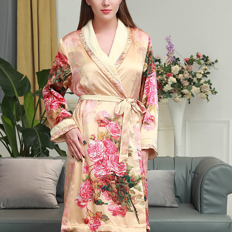 Pure Mulberry Silk Long Sleeves Elegant Printing Nightgown [SKGO0007]