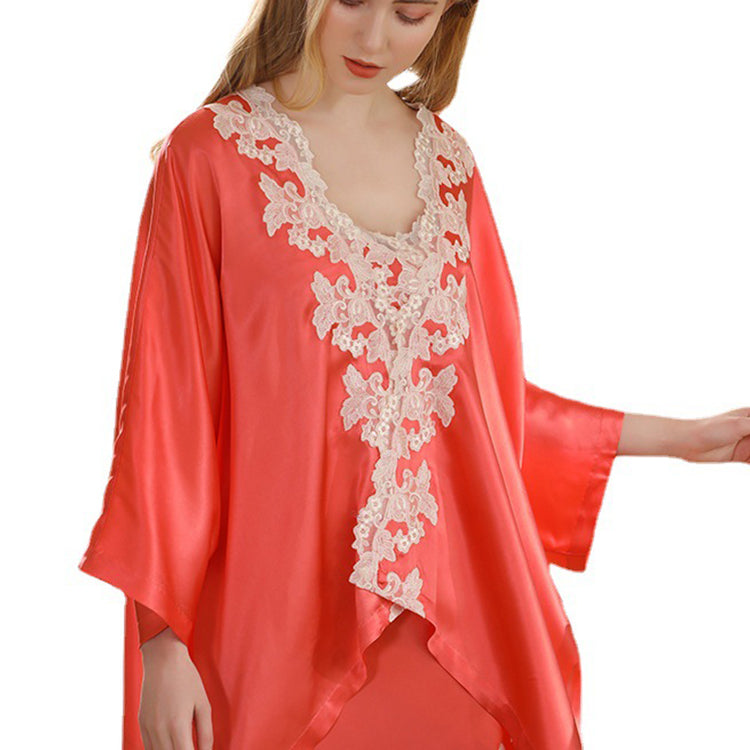 16Momme Pure Mulberry Silk Long Sleeves Elegant Lace Nightgown [SKGO0008]