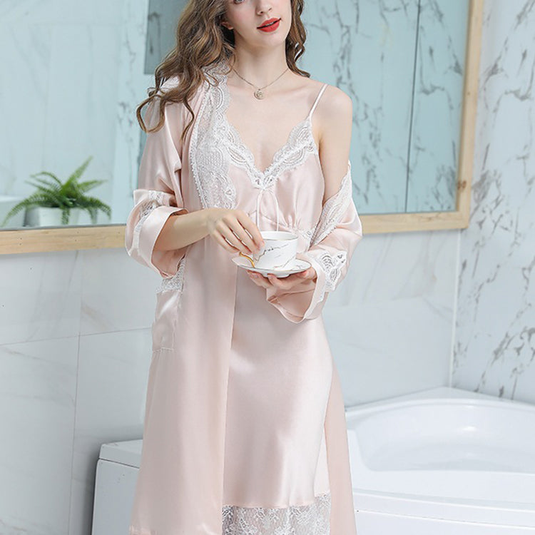 16Momme Pure Mulberry Silk Long Sleeves Elegant Lace Nightgown [SKGO0011]