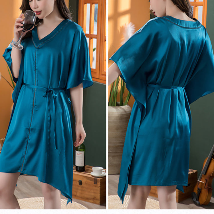 16Momme Pure Mulberry Silk Half Sleeves Elegant Belted Nightgown [SKGO0006]