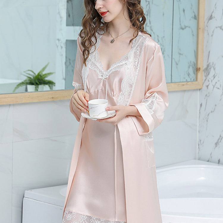 16Momme Pure Mulberry Silk Long Sleeves Elegant Lace Nightgown [SKGO0011]