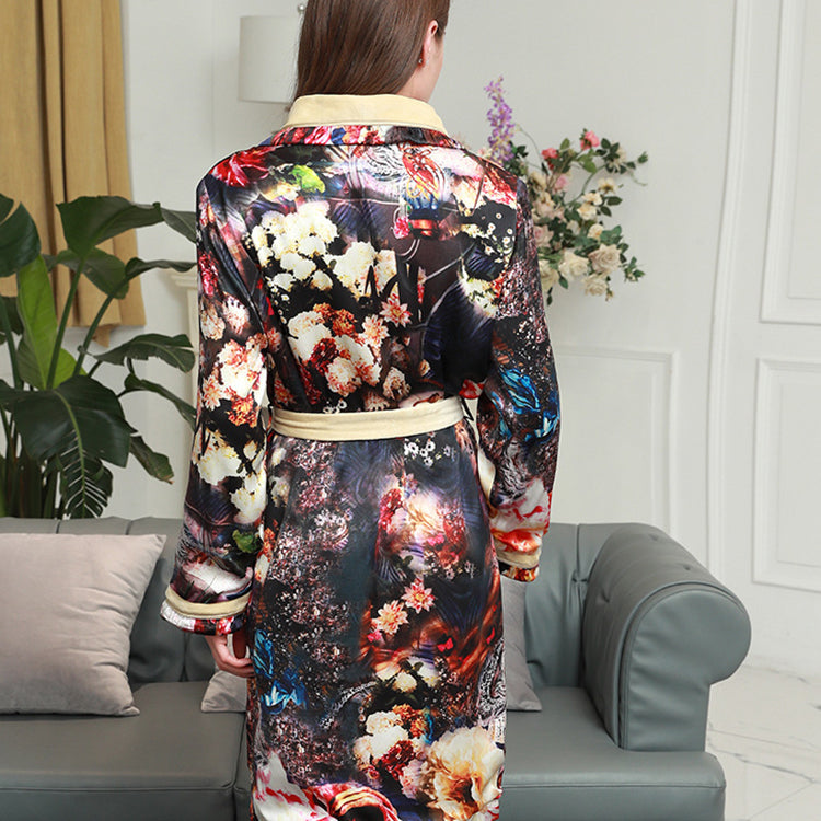 Pure Mulberry Silk Long Sleeves Elegant Printing Nightgown [SKGO0007]