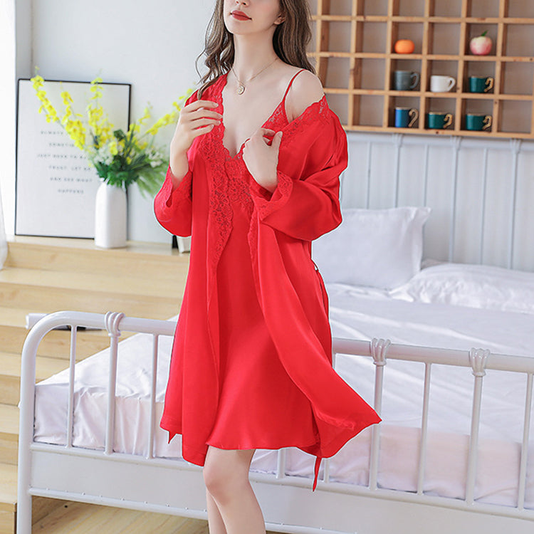 16Momme Pure Mulberry Silk Long Sleeves Elegant Lace Nightgown [SKGO0010]