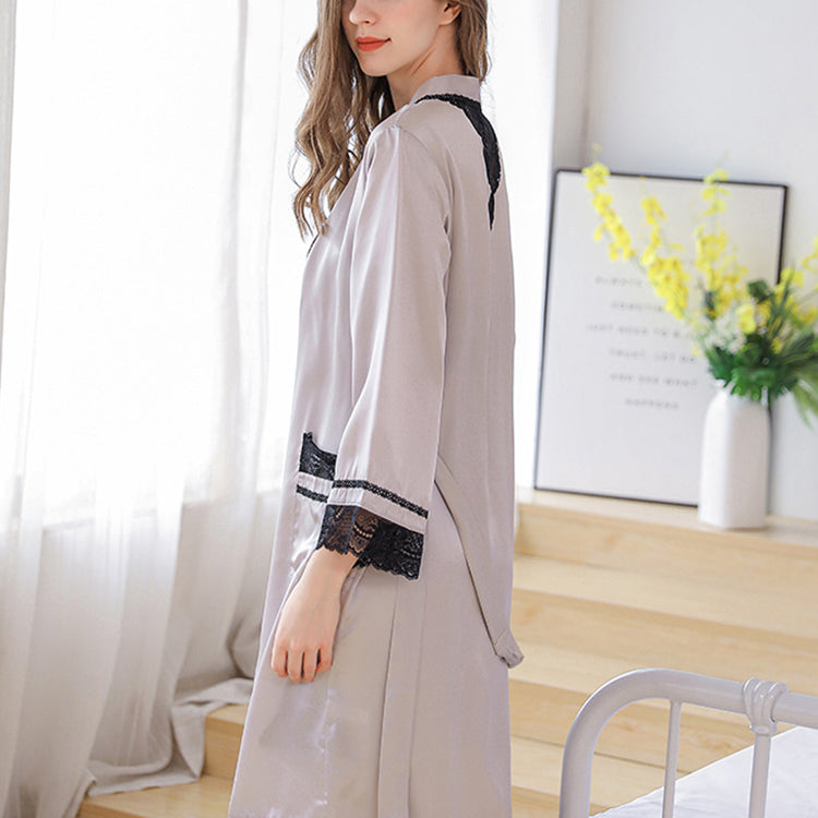 16Momme Pure Mulberry Silk Long Sleeves Elegant Belted Nightgown [SKGO0005]