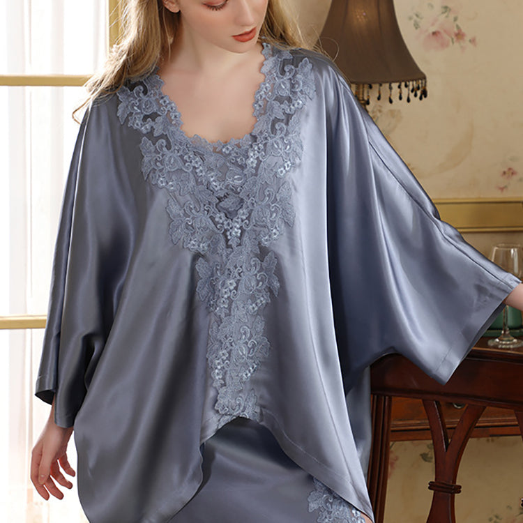 16Momme Pure Mulberry Silk Long Sleeves Elegant Lace Nightgown [SKGO0008]