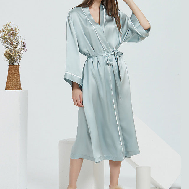 16Momme Pure Mulberry Silk Long Sleeves Elegant Belted Nightgown [SKGO0003]