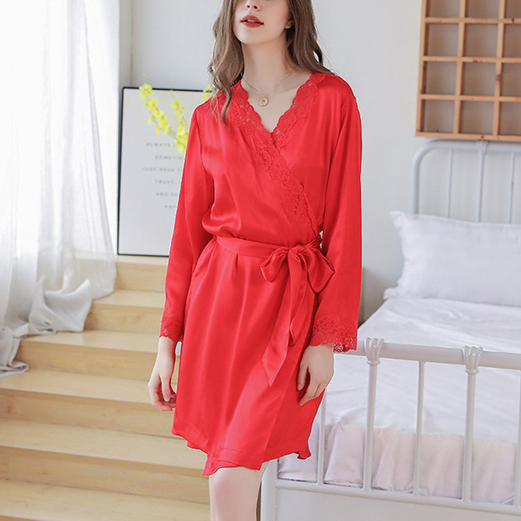 16Momme Pure Mulberry Silk Long Sleeves Elegant Lace Nightgown [SKGO0010]