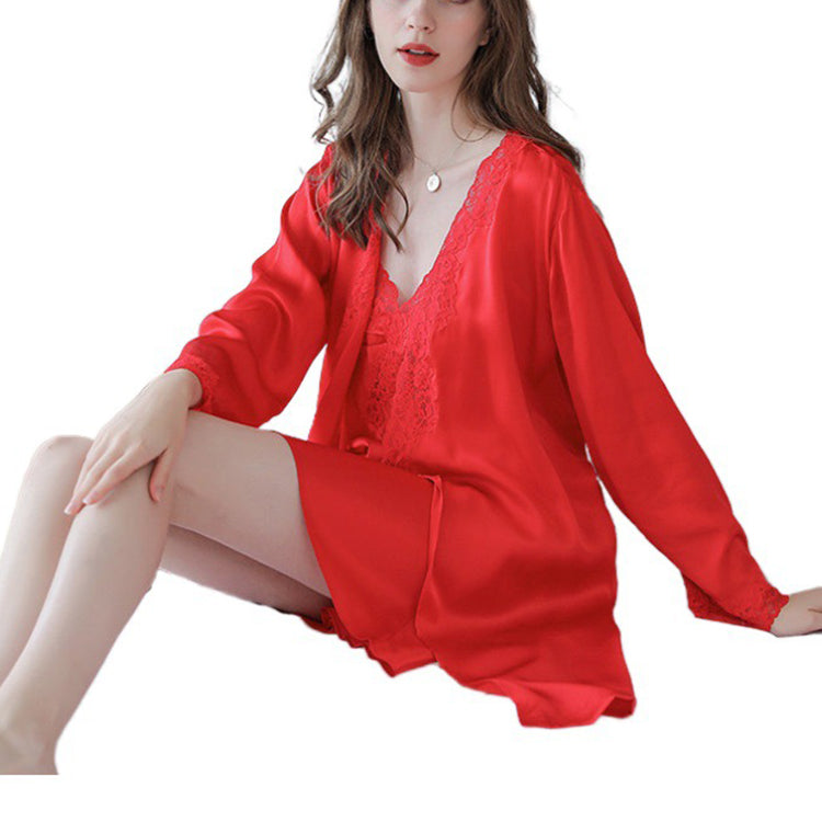 16Momme Pure Mulberry Silk Long Sleeves Elegant Lace Nightgown [SKGO0010]